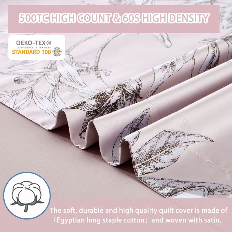 MILDLY 100% Long-Staple Cotton Duvet Cover Set Light Pink Elegant Floral Pattern Printed Comforter Cover 3pcs, Ultra Soft & Breathable Bedding Set - Image 4